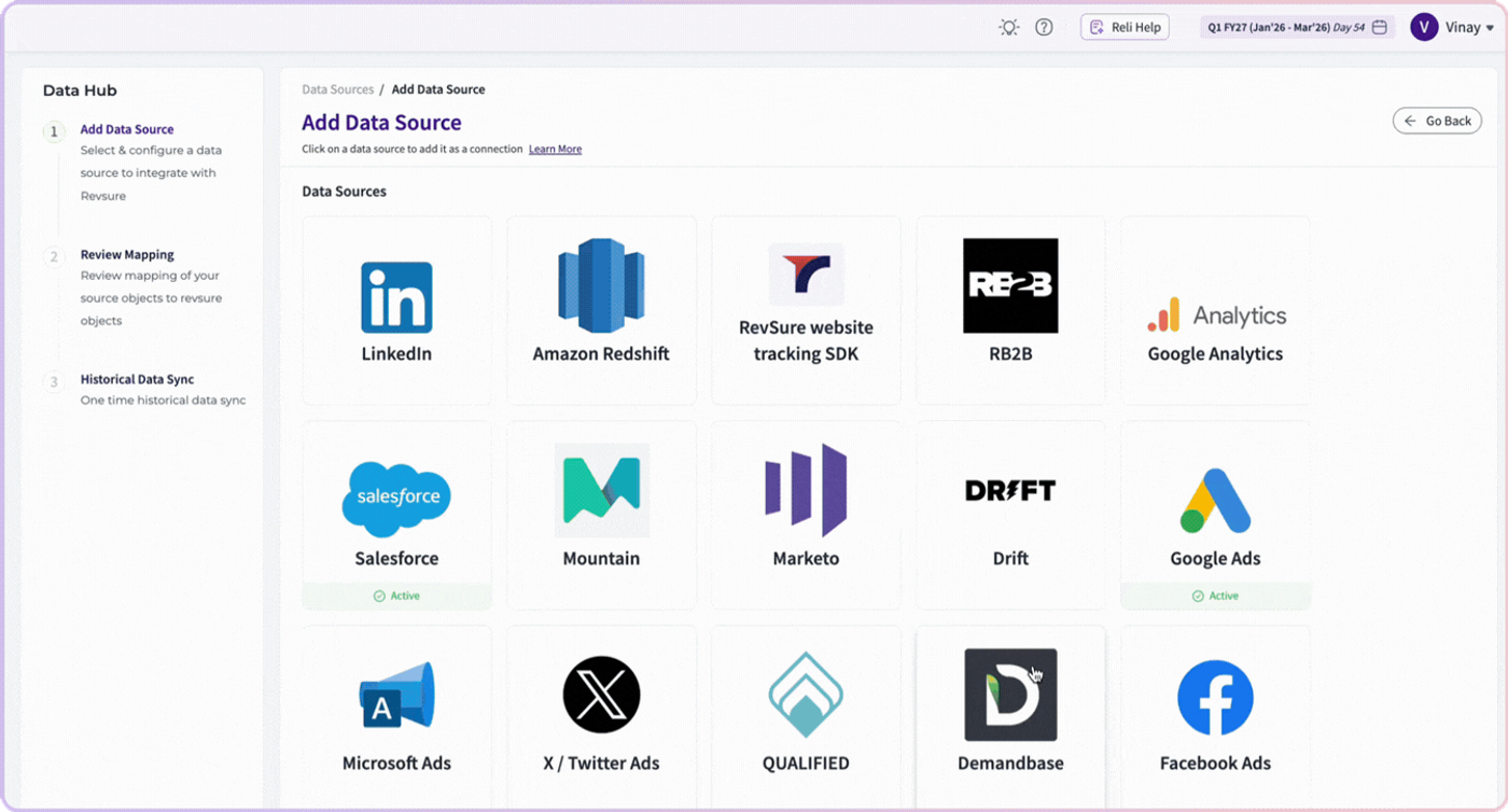 RevSure data integration dashboard with various data sources listed.