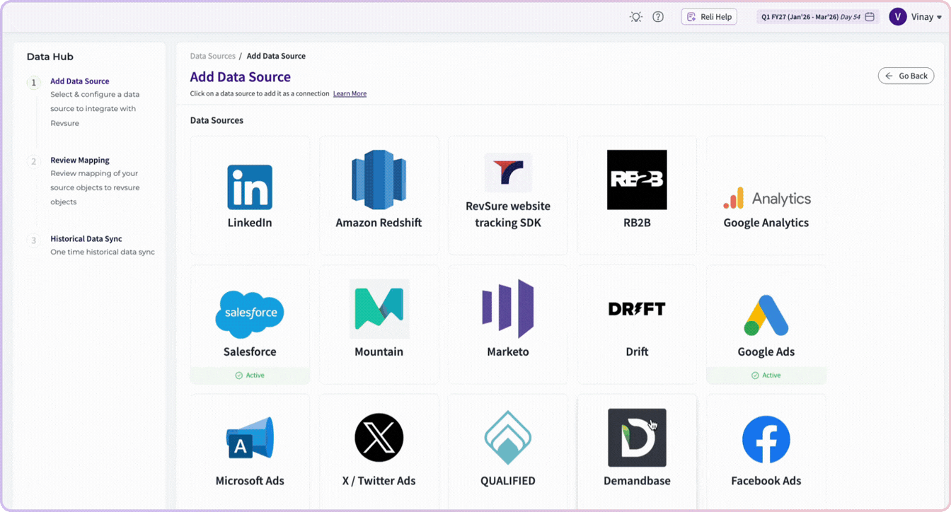 RevSure data integration dashboard with various data sources listed.