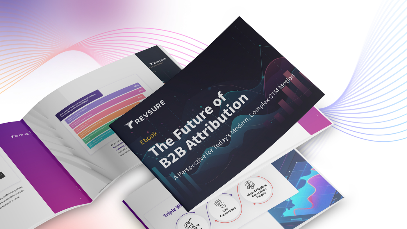 Ebook cover titled "The Future of B2B Attribution" on top of other pages.
