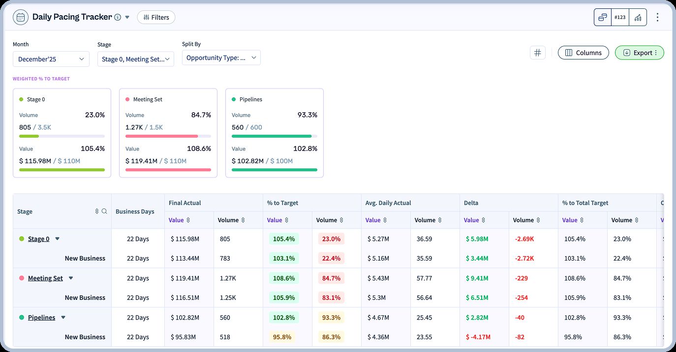 The Daily Pacing Tracker with Weighted % to Target cards and stage-level breakouts