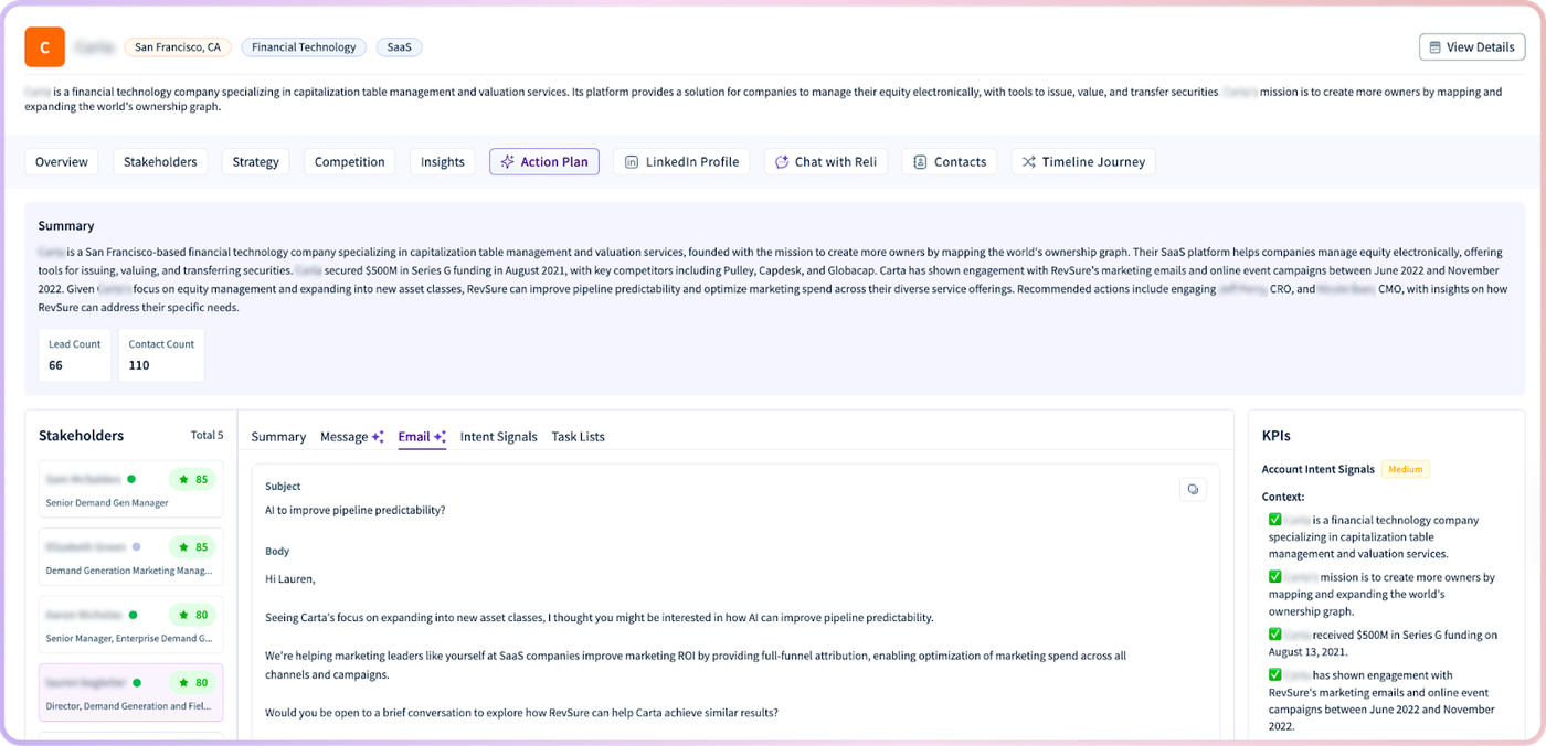 RevSure Software platform screenshot with account plan and agent portal.