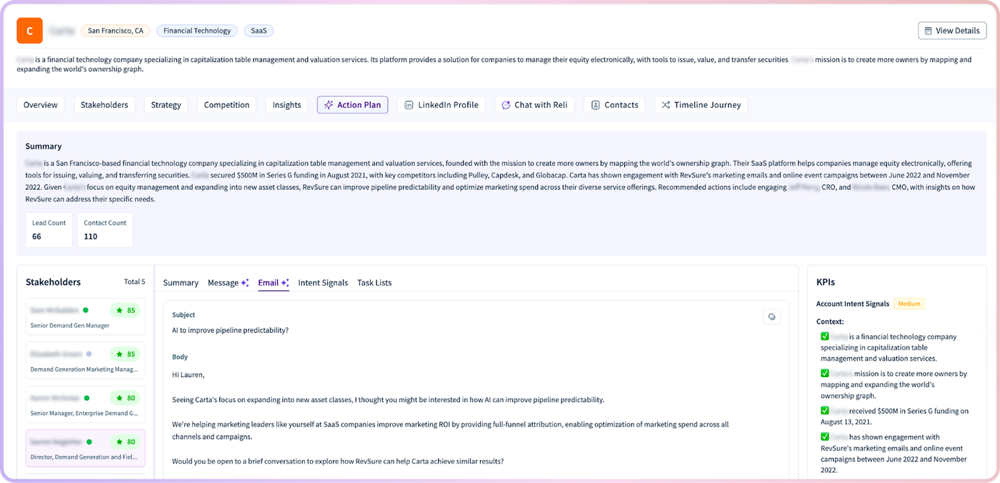 RevSure Software platform screenshot with account plan and agent portal.