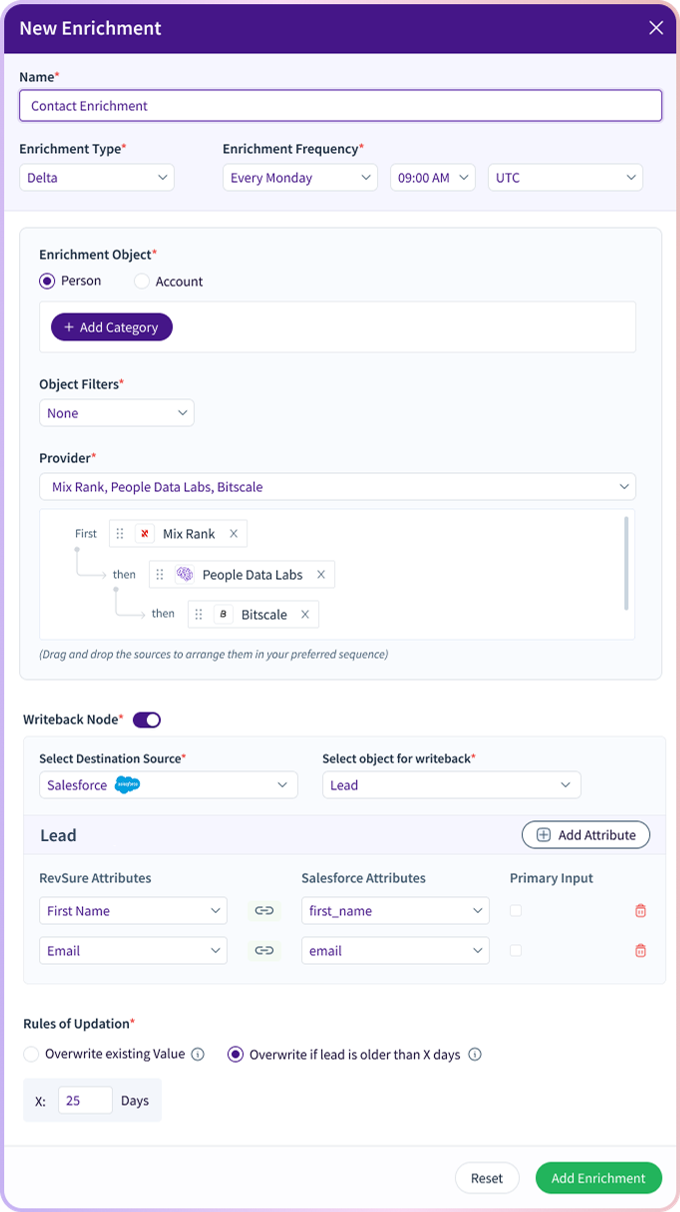 New Enrichment configuration menu with fields for name, type, frequency, object, filters, providers, and writeback settings.