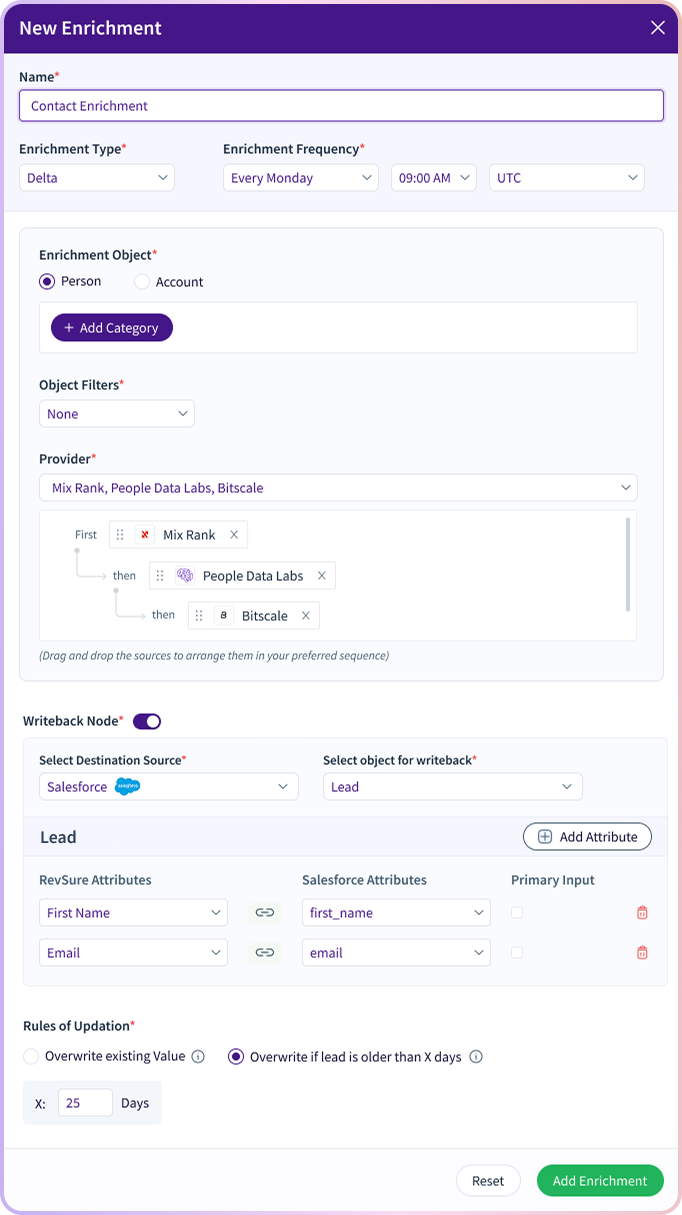 New Enrichment configuration menu with fields for name, type, frequency, object, filters, providers, and writeback settings.