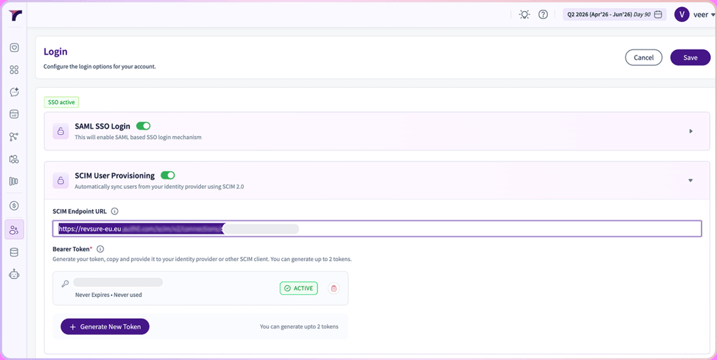 The Login settings screen with SAML SSO and SCIM User Provisioning enabled