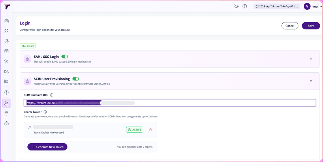 The Login settings screen with SAML SSO and SCIM User Provisioning enabled
