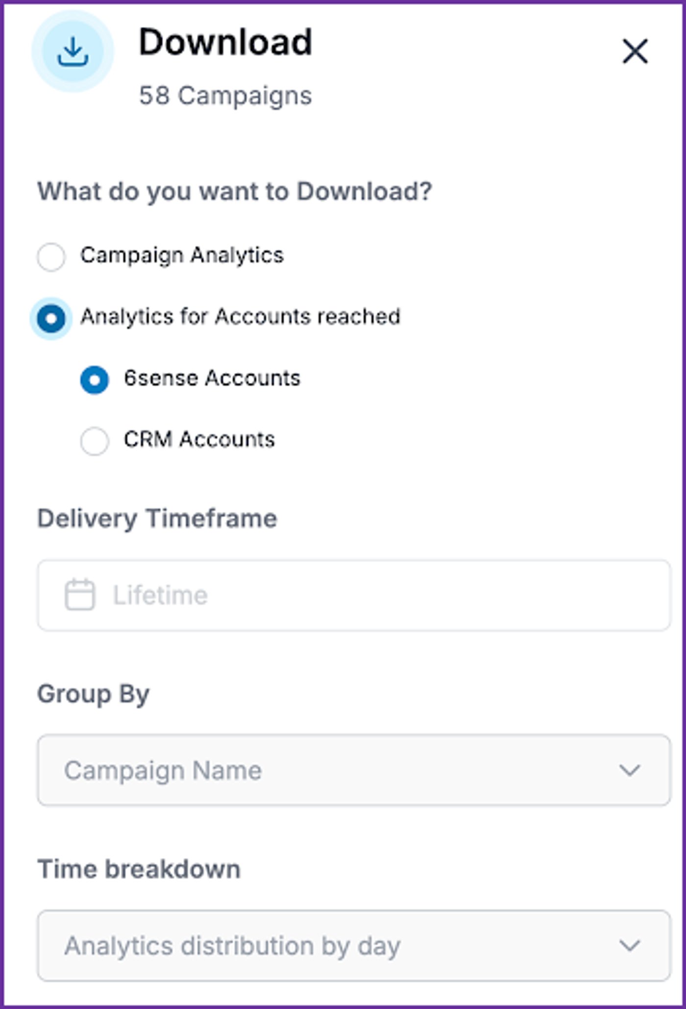 Download options for 58 campaigns with filters for data type, timeframe, grouping, and time breakdown.