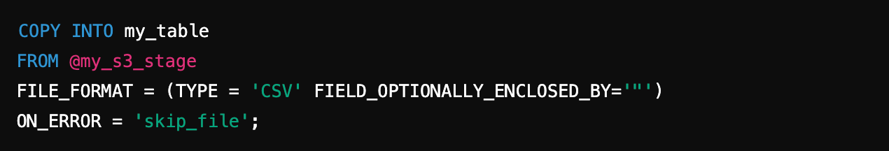Code snippet showing Snowflake SQL command to copy data into a table from a CSV file.