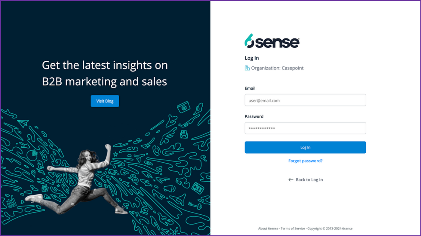 6sense login page with email and password fields.