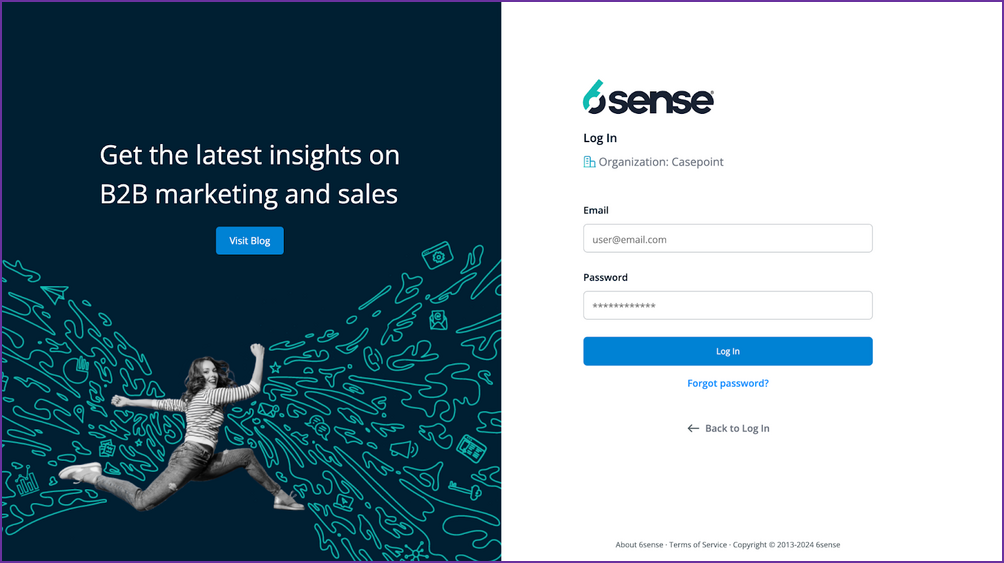 6sense login page with email and password fields.