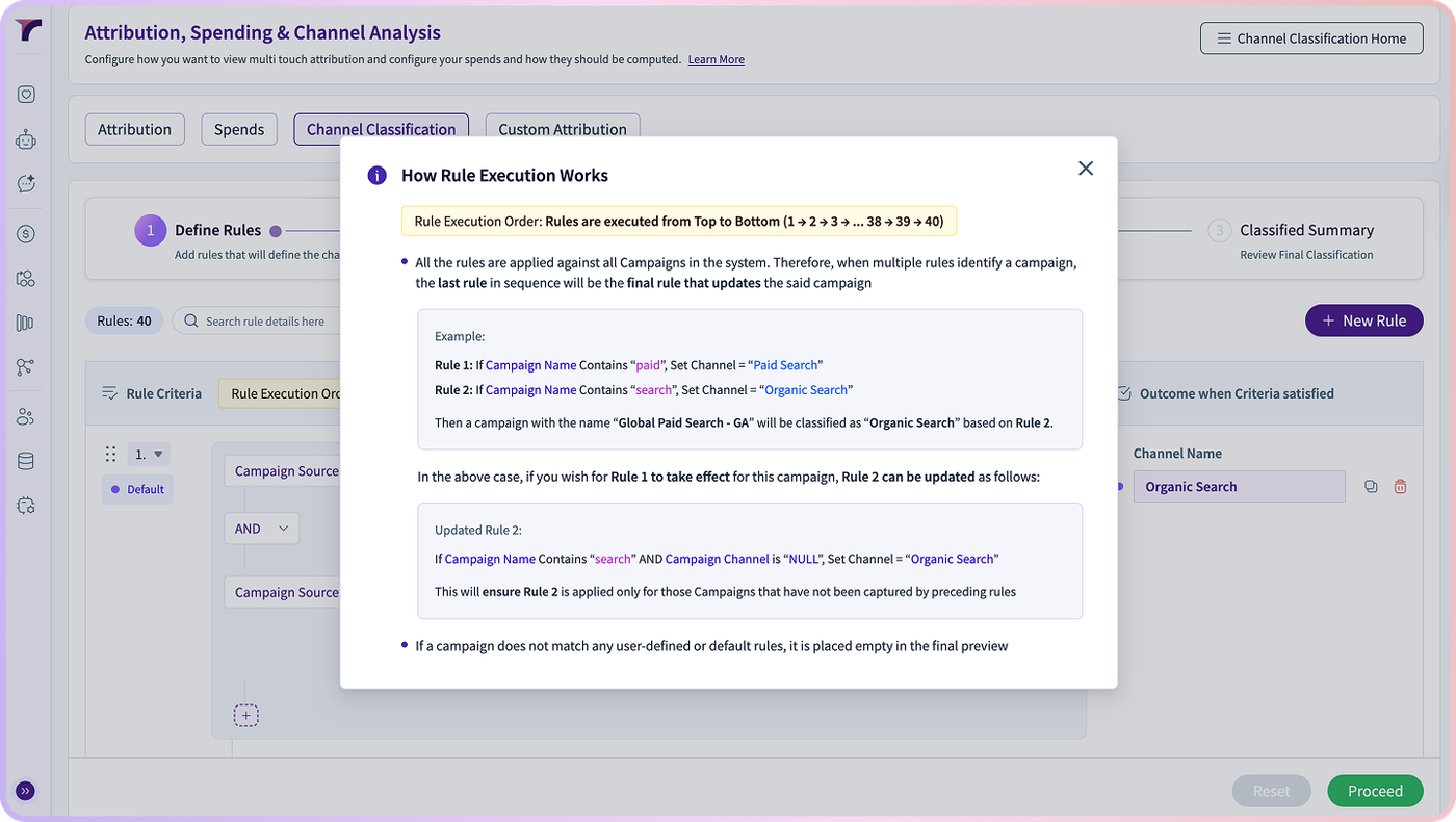 Modal window explaining rule execution in a SaaS application.