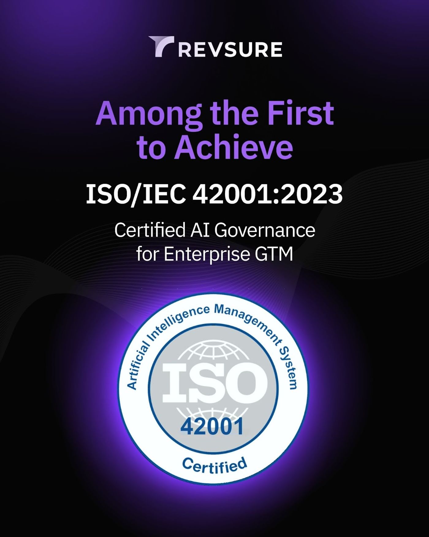 RevSure ISO/IEC 42001 certification badge for AI governance.