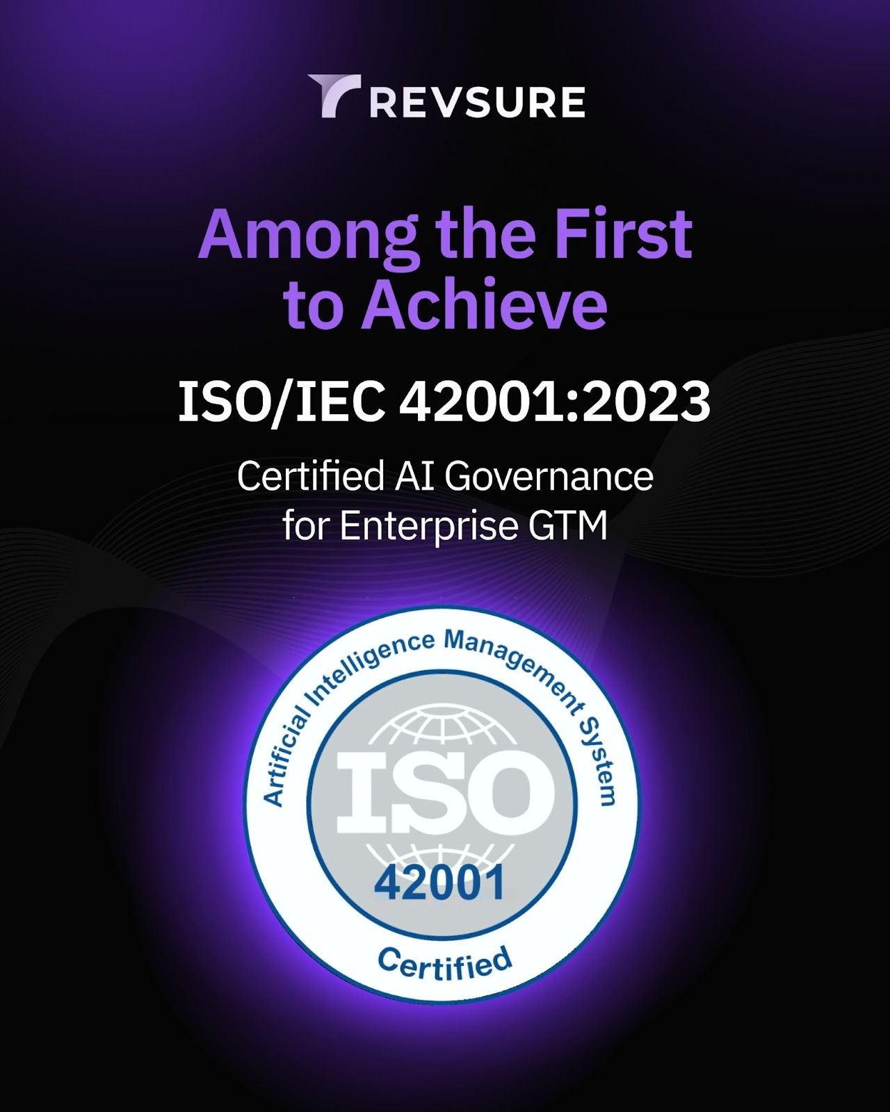 RevSure ISO/IEC 42001 certification badge for AI governance.