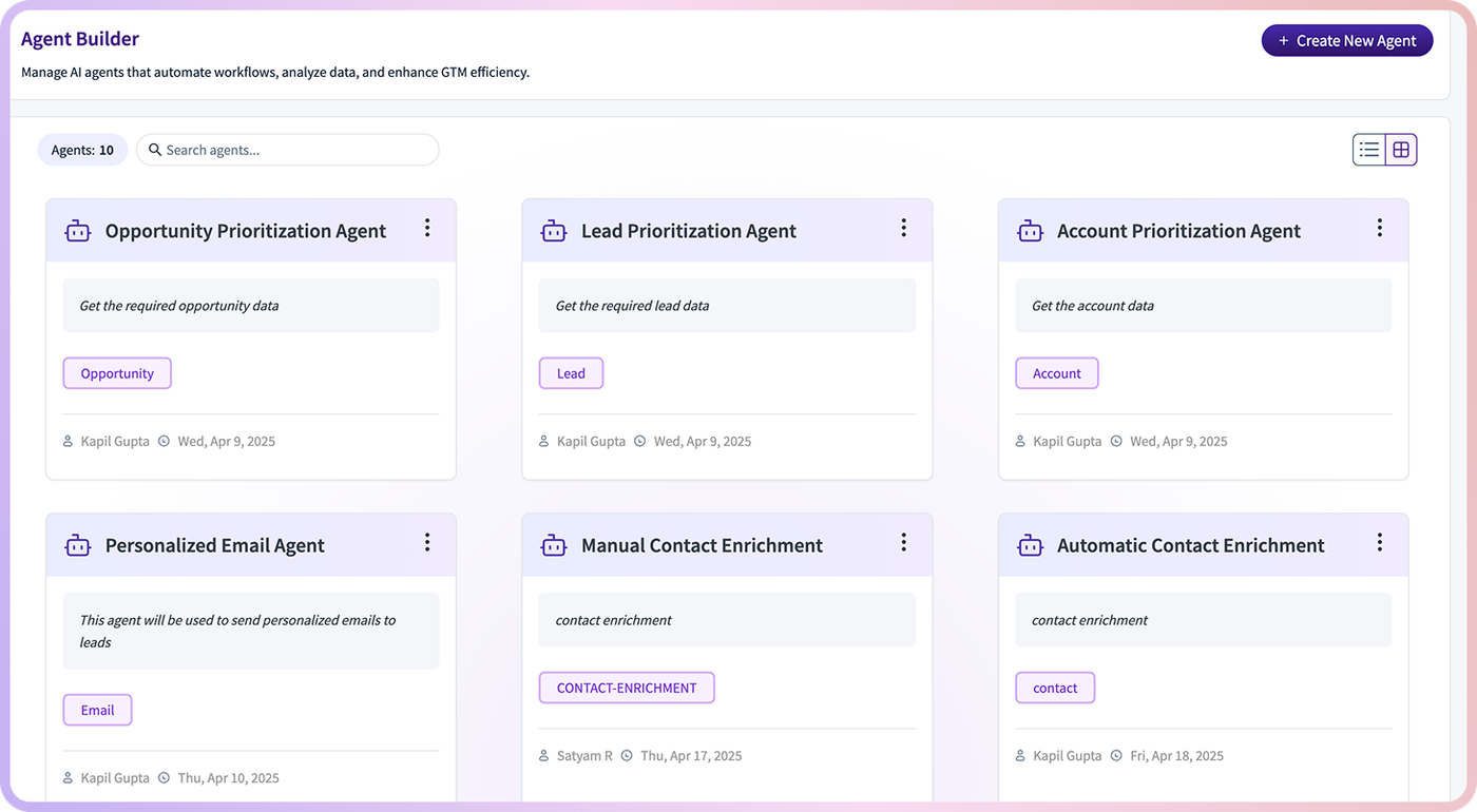 Agent Builder dashboard with six automation agents listed.