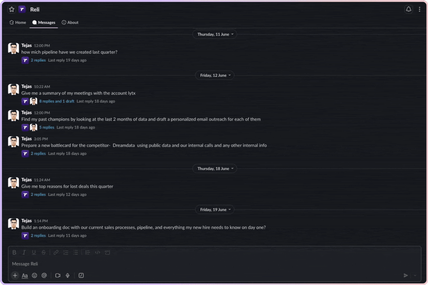 The Reli Slack app answering GTM questions in-channel, built from your own funnel data