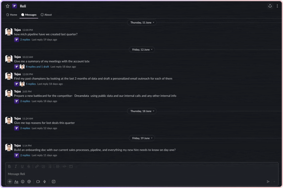 The Reli Slack app answering GTM questions in-channel, built from your own funnel data