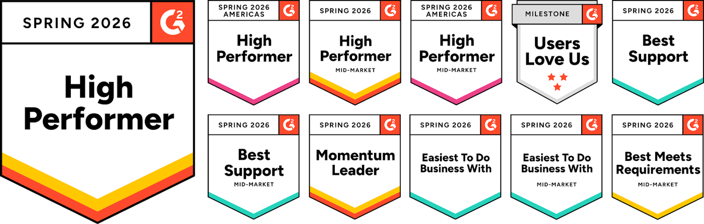 G2 badges for RevSure, including High Performer, Momentum Leader, and more.