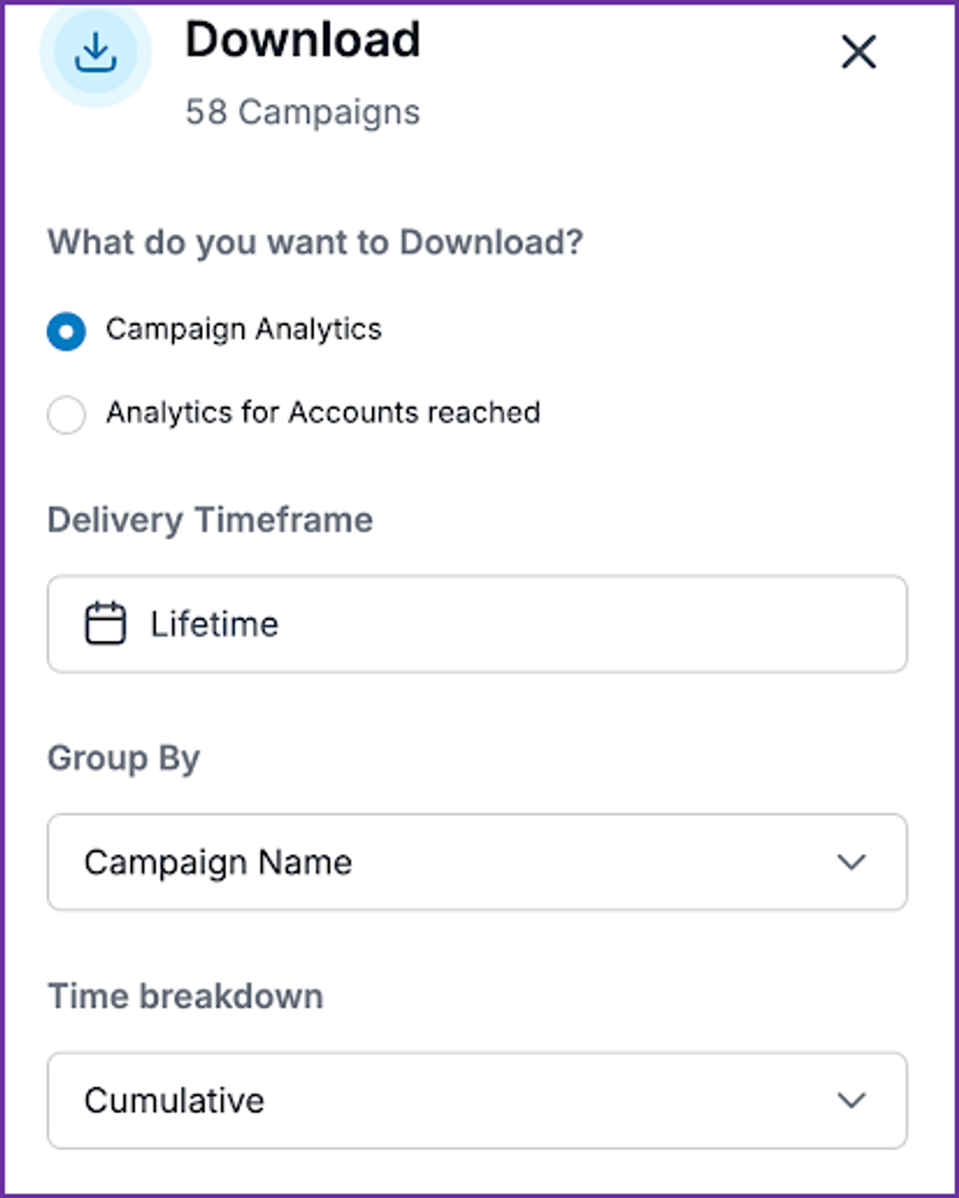 Download options for campaign analytics data with filters.