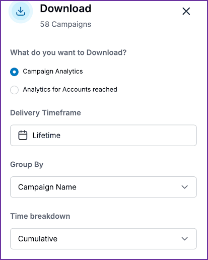 Download options for campaign analytics data with filters.