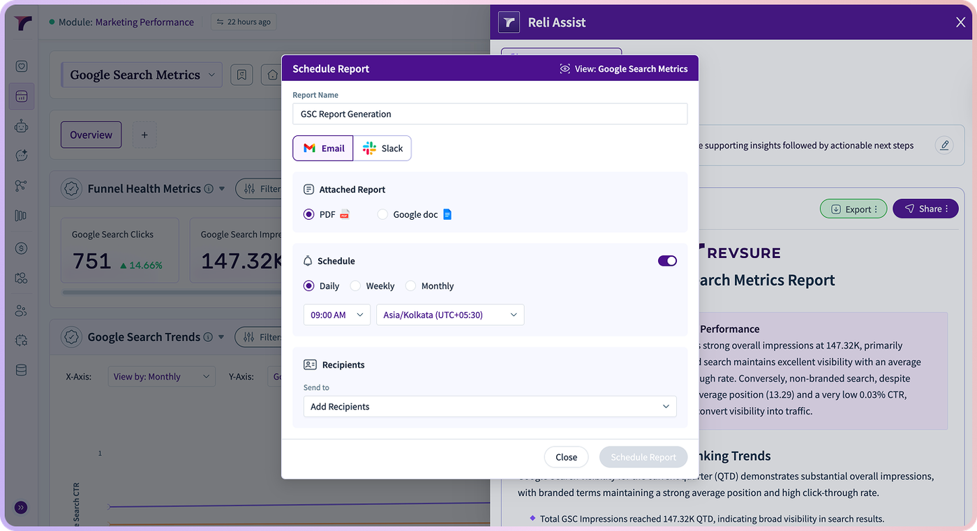 Modal window for scheduling a report with options for frequency and recipients.