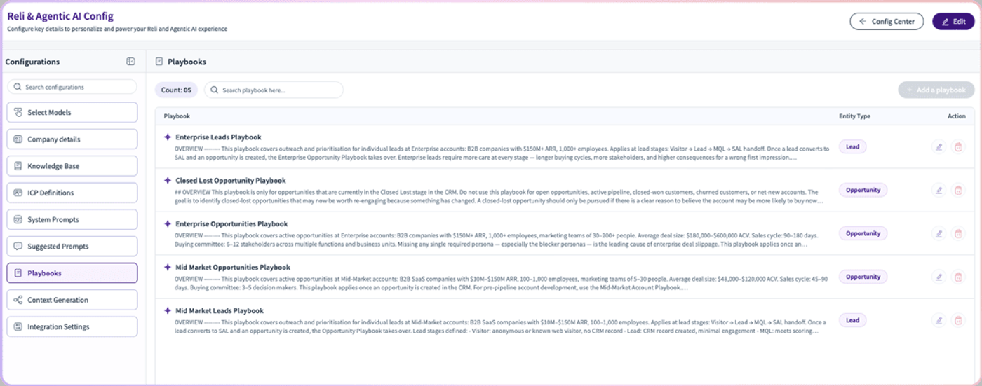 The Playbook configuration screen where teams define and manage rules per entity type
