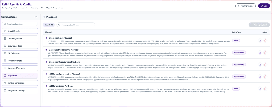 The Playbook configuration screen where teams define and manage rules per entity type