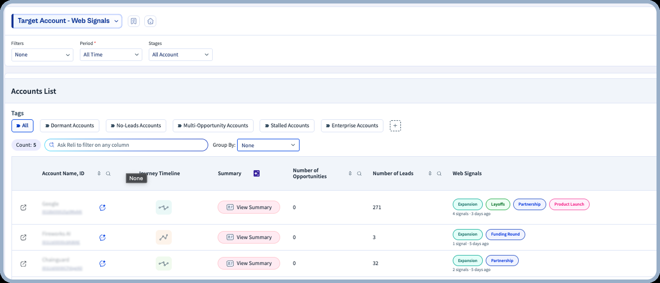 Web Monitoring surfacing expansion, layoffs, partnership, funding, and product-launch signals across a target account list