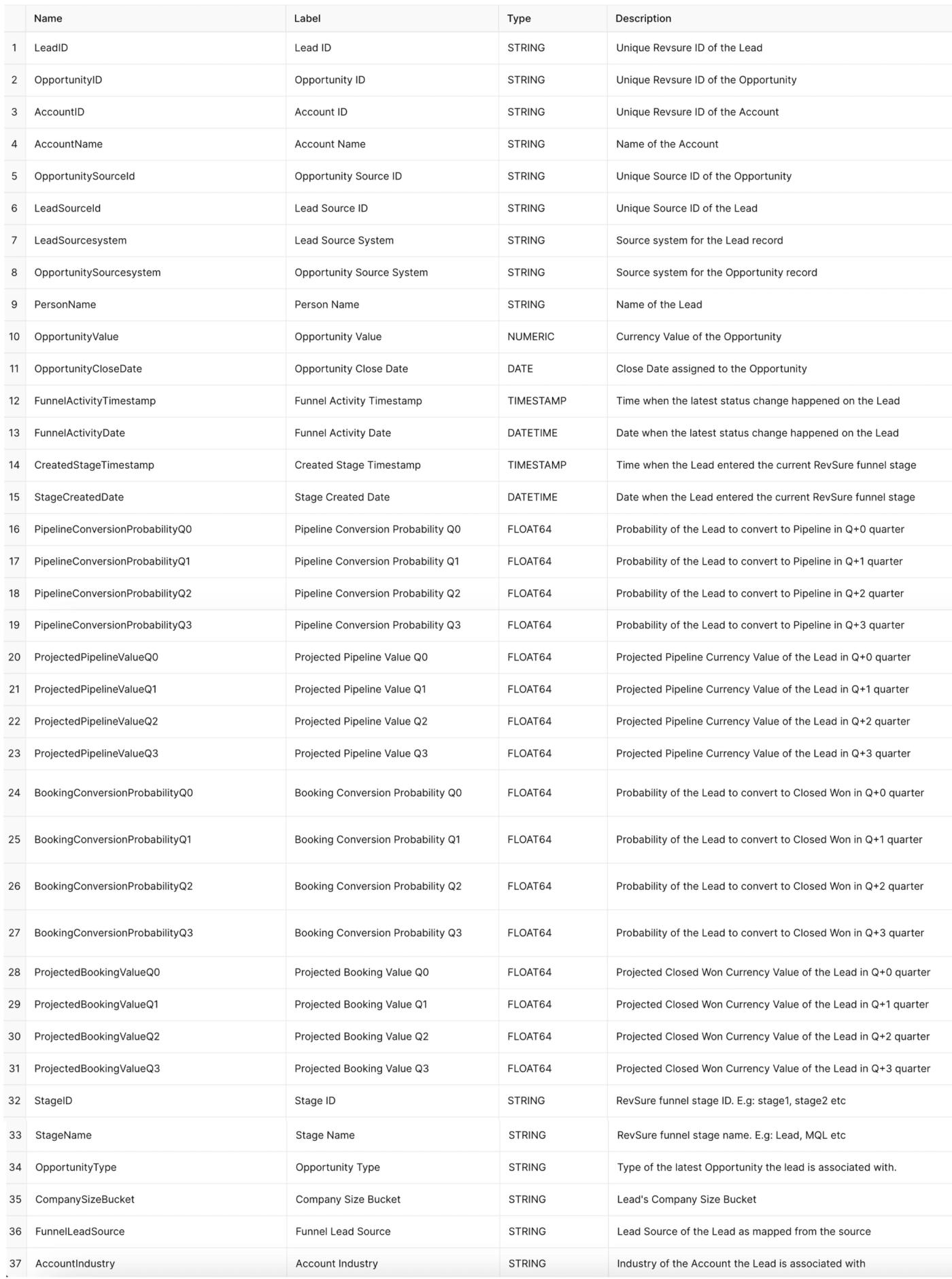 Table with 39 rows and 4 columns listing lead detail data fields with labels, types, and descriptions.