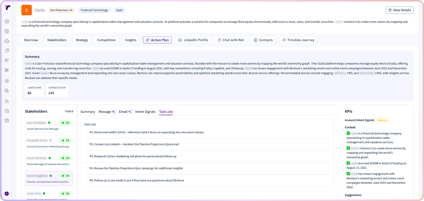 RevSure account plan dashboard with summary, statistics, and KPIs.