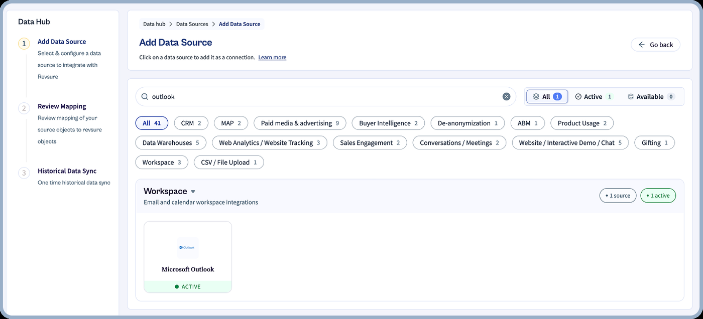 Microsoft Outlook connected natively as a source for email and calendar