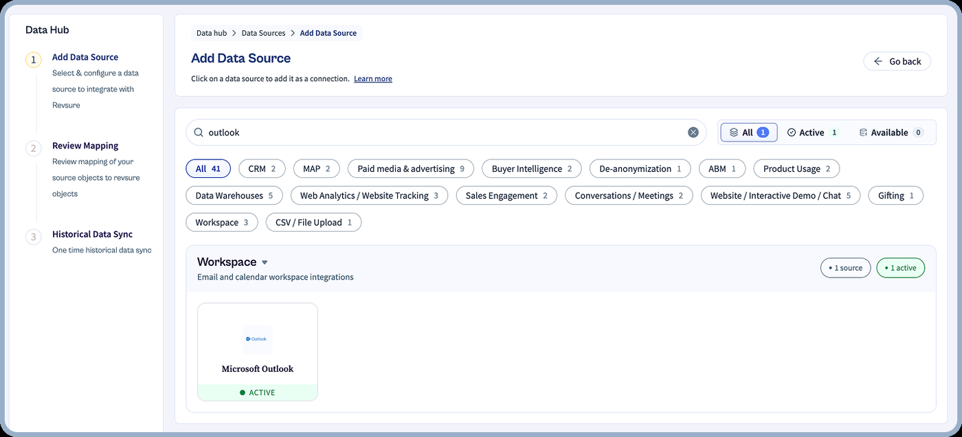 Microsoft Outlook connected natively as a source for email and calendar