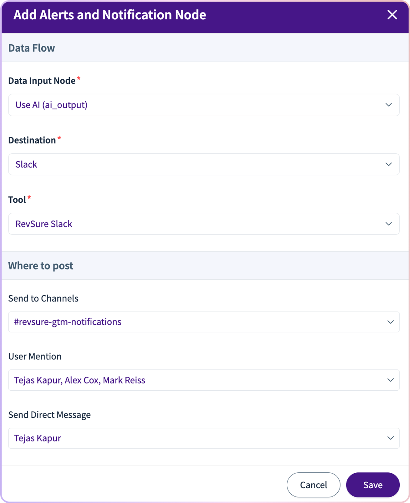 Modal window for adding alerts and notification node with data flow and posting options.