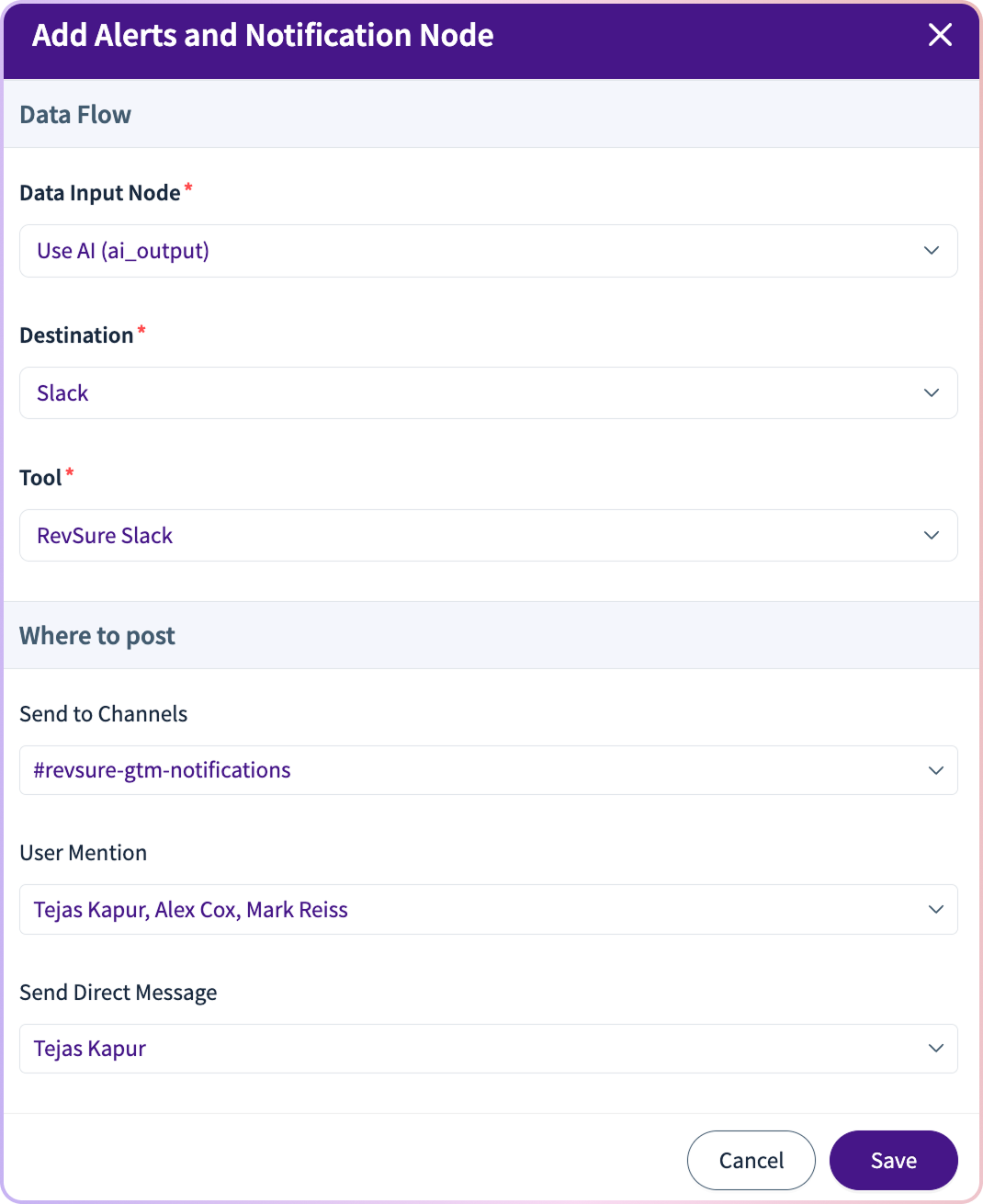 Modal window for adding alerts and notification node with data flow and posting options.