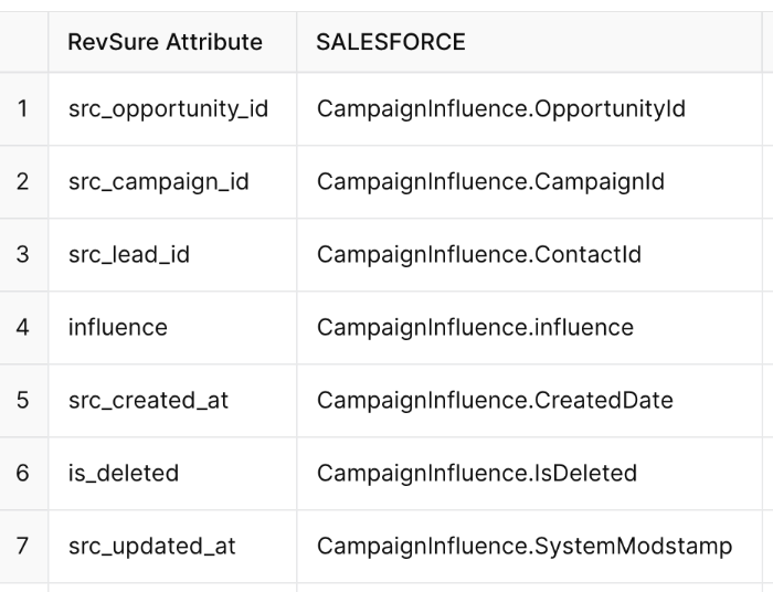 Table mapping RevSure Attributes to Salesforce fields with 7 rows of data.
