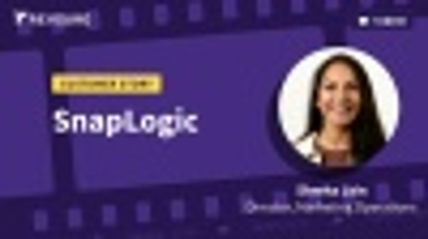 Purple presentation slide with SnapLogic and headshot of a woman.