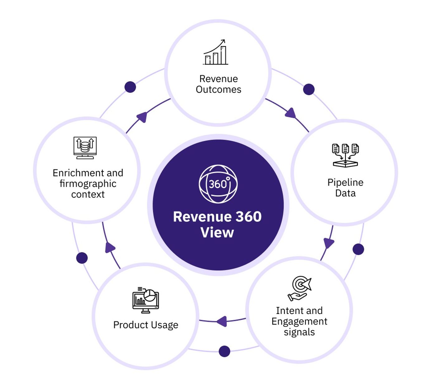A flowchart illustrating the Revenue 360 View, a circular process with six interconnected stages.
