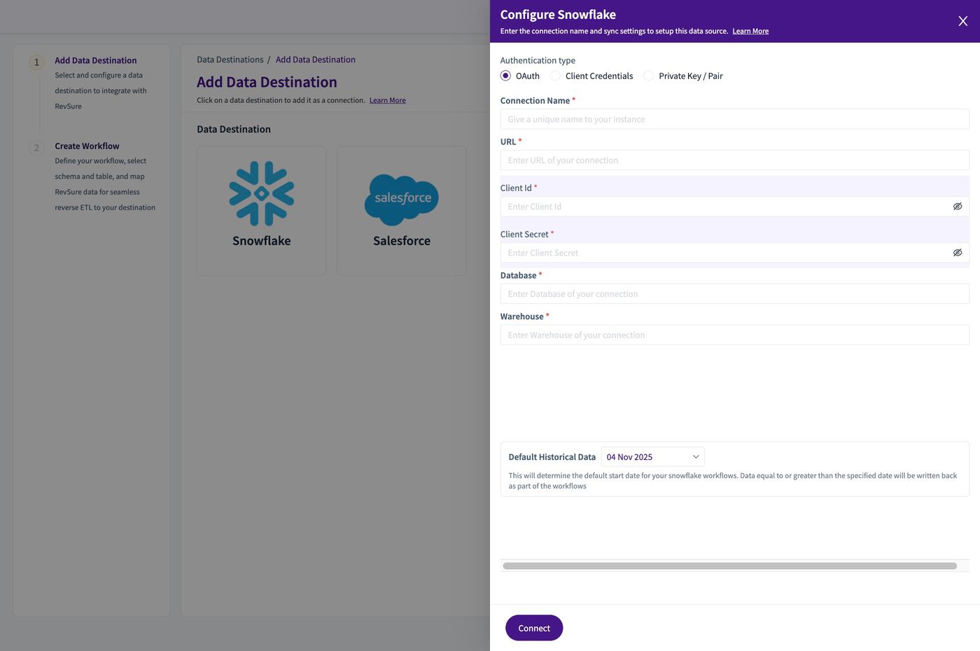 Revsure Snowflake Destination Setup Implementation Guide - UI Flow (figure 4)