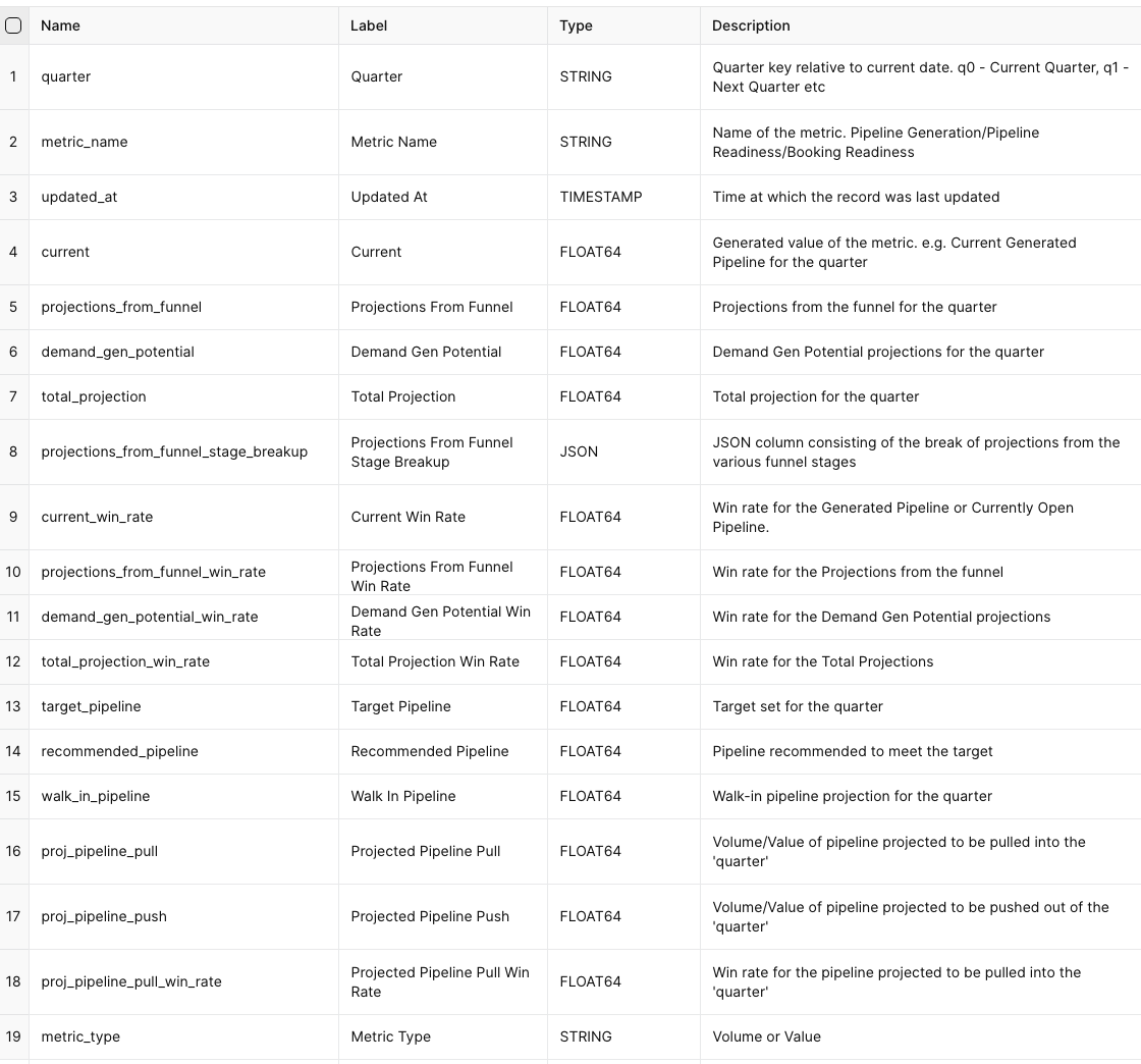 Table with 19 rows and 4 columns listing metric names, labels, data types, and descriptions for a daily projection log.