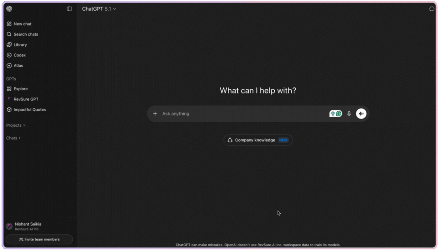 ChatGPT interface with search bar and menu on left side.