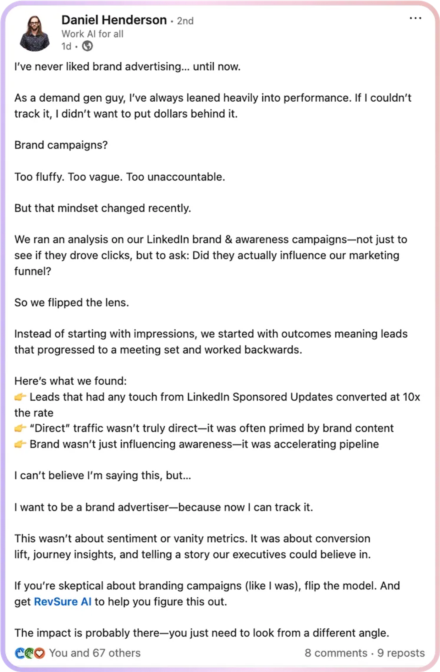 LinkedIn post by Daniel Henderson about brand advertising and RevSure AI.
