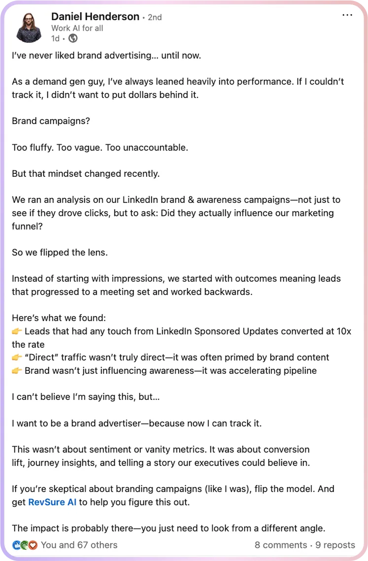 LinkedIn post by Daniel Henderson about brand advertising and RevSure AI.