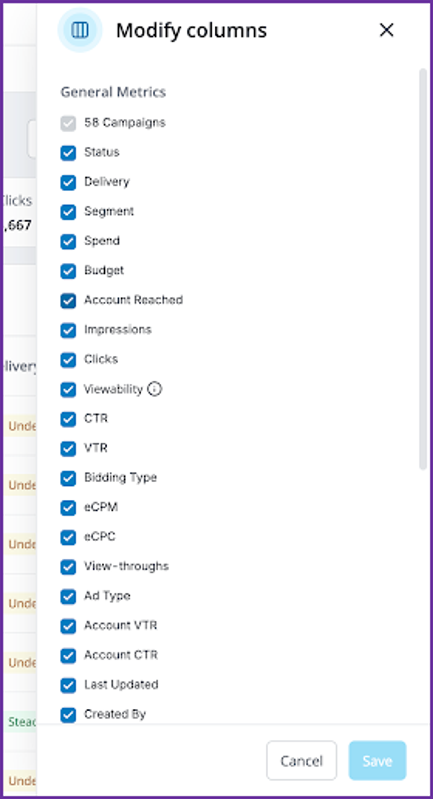 Modify columns menu with checkboxes for general metrics and campaign data.