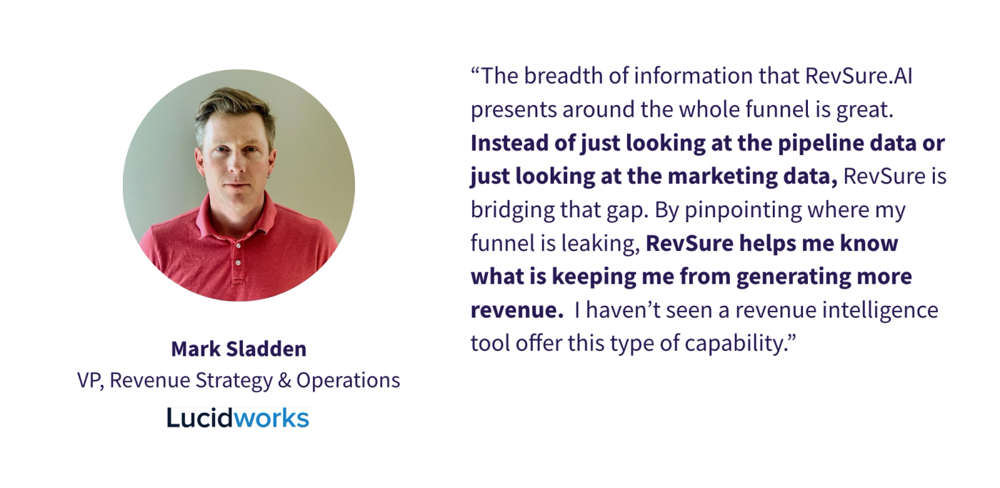 Headshot of Mark Sladden, a man in a red collared shirt, with text quoting him about RevSure.