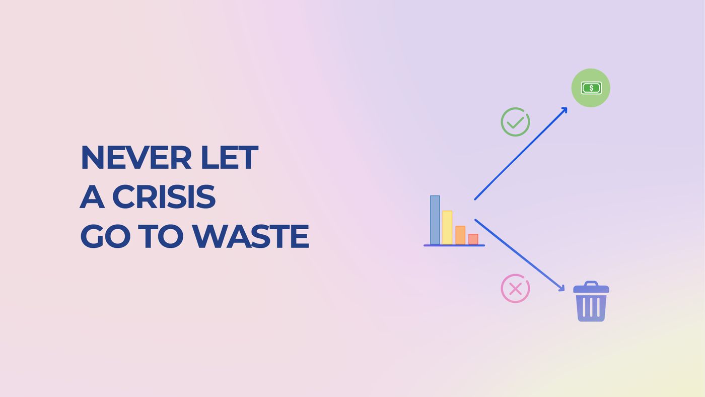 Infographic with text "NEVER LET A CRISIS GO TO WASTE" and flowchart symbols.