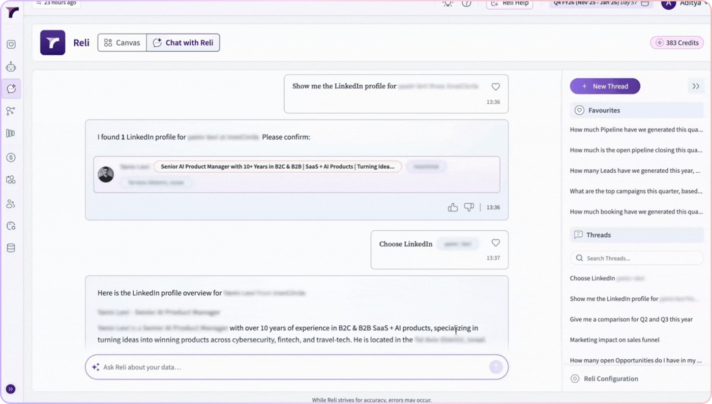 Reli GenAI chatbot interface with LinkedIn profile search and conversation threads.