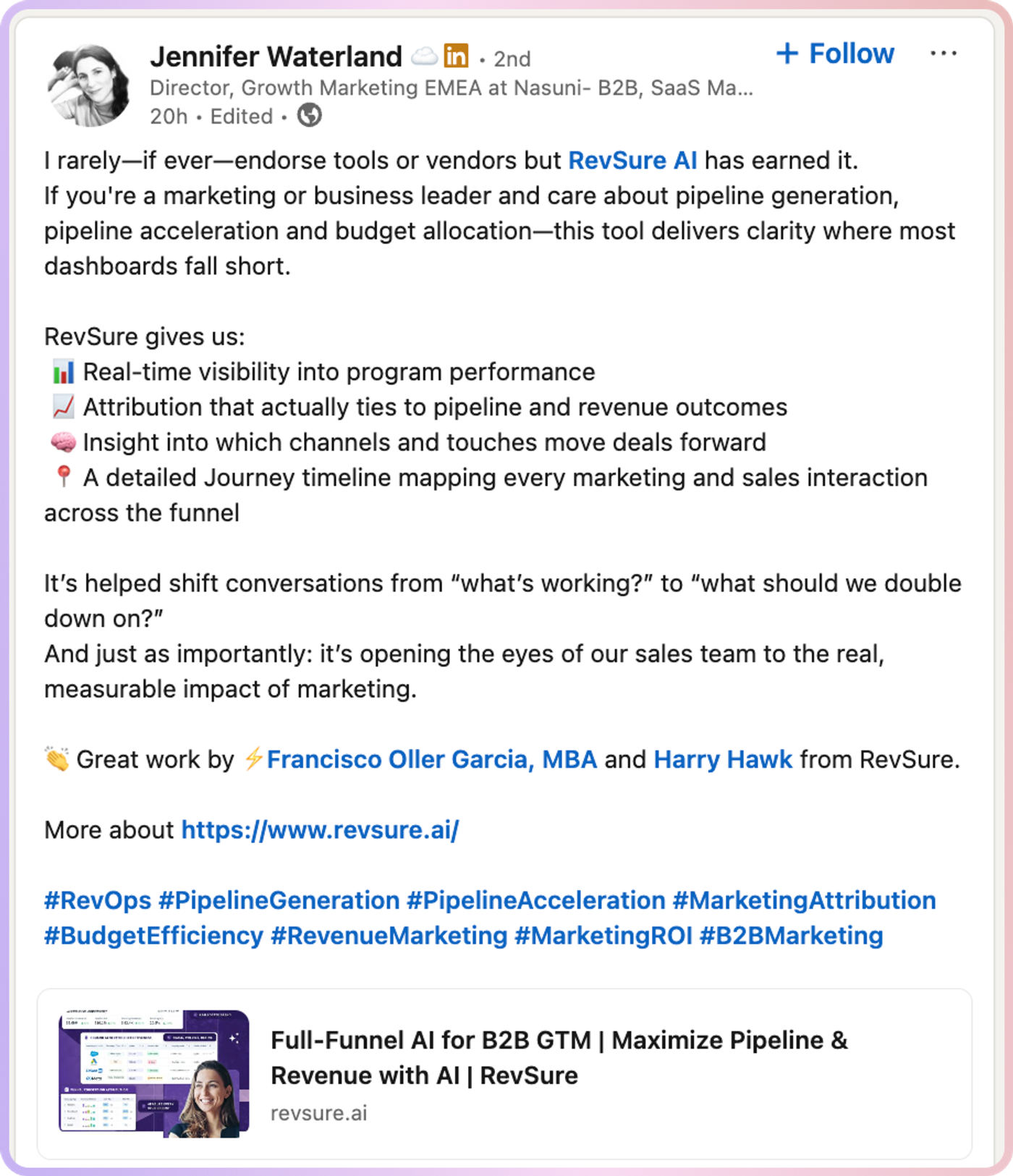 LinkedIn post with text and screenshot of RevSure AI marketing page.