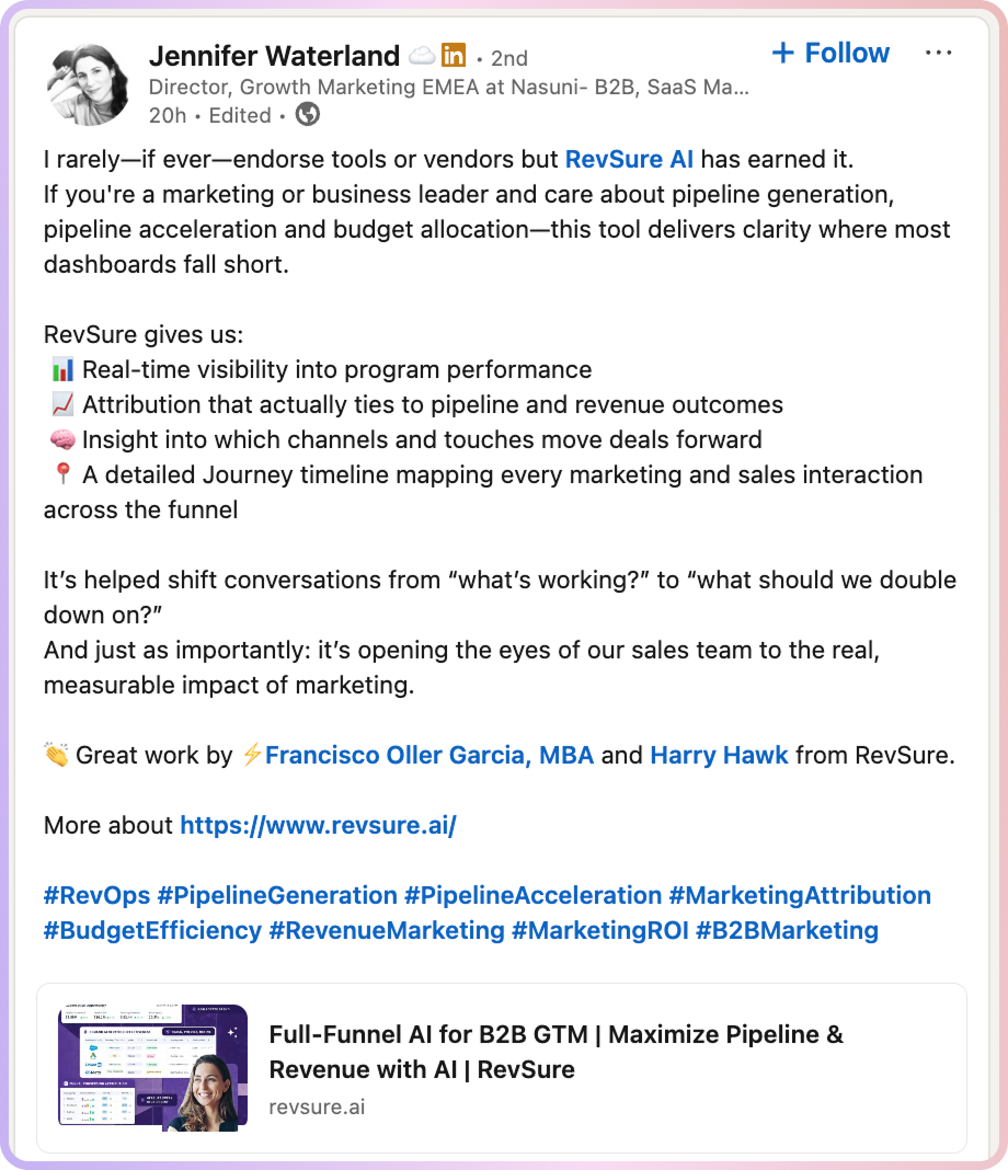 LinkedIn post with text and screenshot of RevSure AI marketing page.