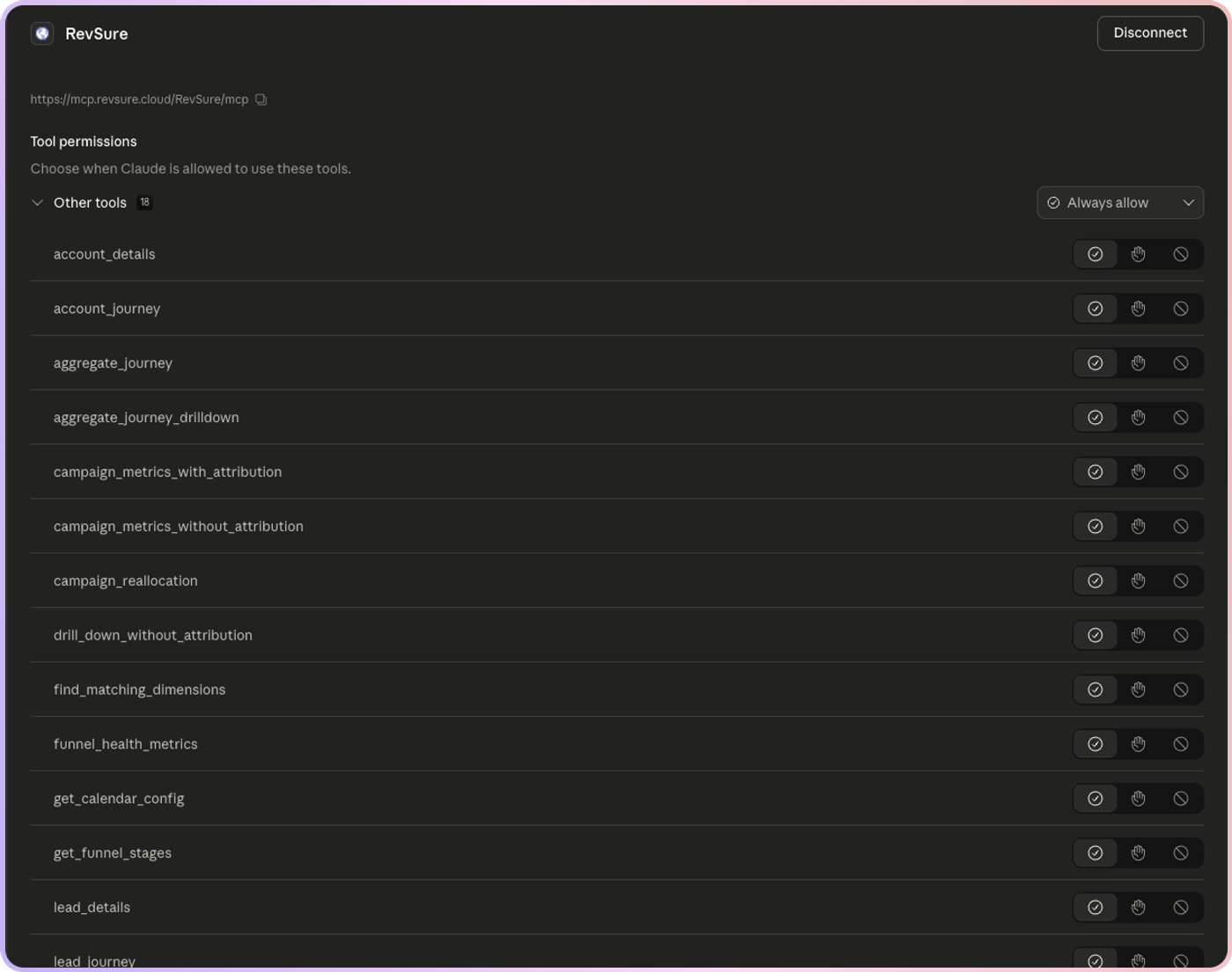 RevSure tool permissions menu with list of available tools and settings.