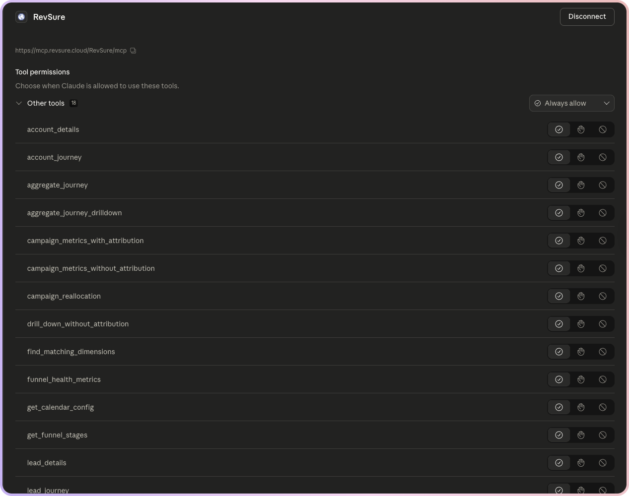 RevSure tool permissions menu with list of available tools and settings.