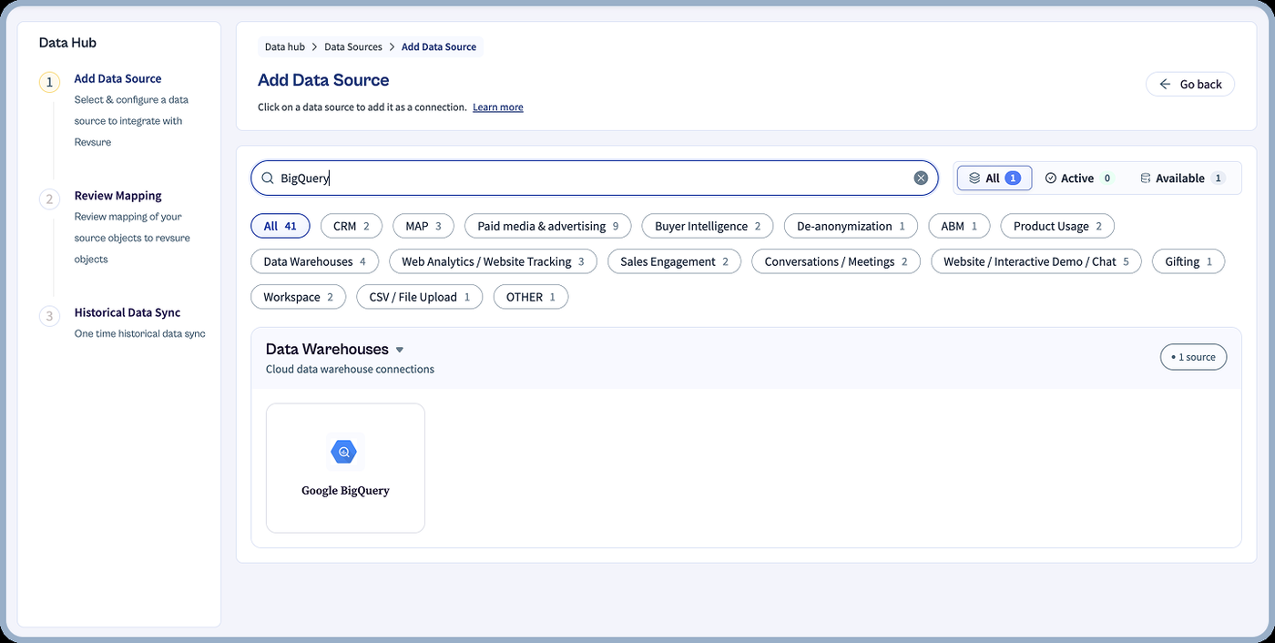 Google BigQuery connected as a data source in the RevSure Data Hub